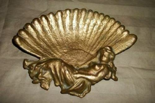 1890s Bronze Art Nouveau Lady Fan Vanity Dish Semi Nude Gold French Farmhouse